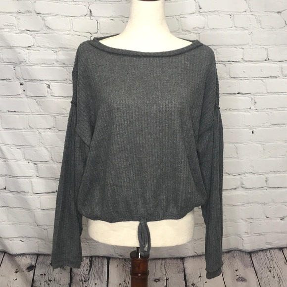 Socialite Tops - SOCIALITE FRONT TIE WAFFLE KNIT TOP SIZE MEDIUM CHARCOAL